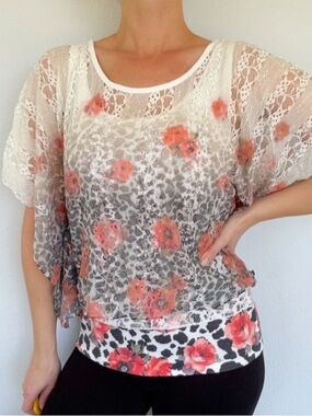 LAVISH cream pink floral leopard draped sheer lace top blouse size small